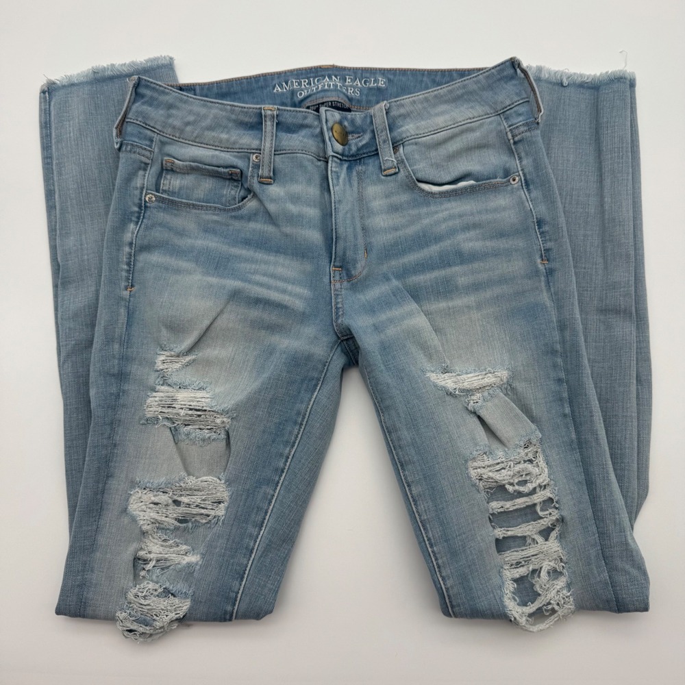 American Eagle Skinny Jeans Womens 4 Regular Light Wash Distressed Super Stretch